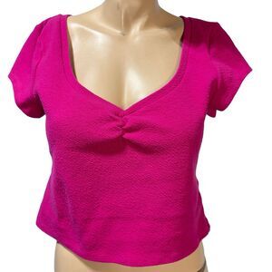 Anthropologie Shirt Womens Size L Pink Textured Cap Sleeve Crop Top Ruched Chest